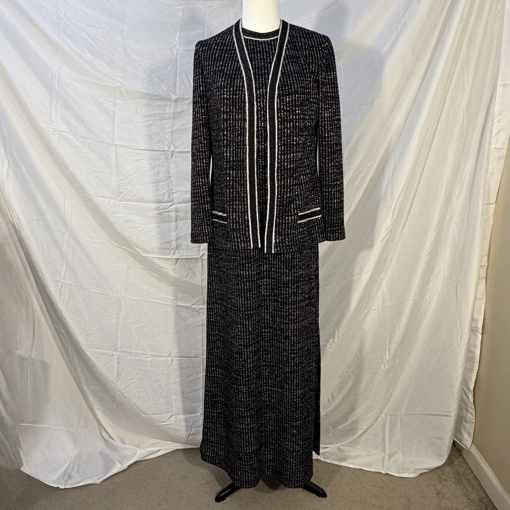 Vintage R&K Knits Women Dress Jacket Set Sz 12 Black White Textured Maxi Mod 70s